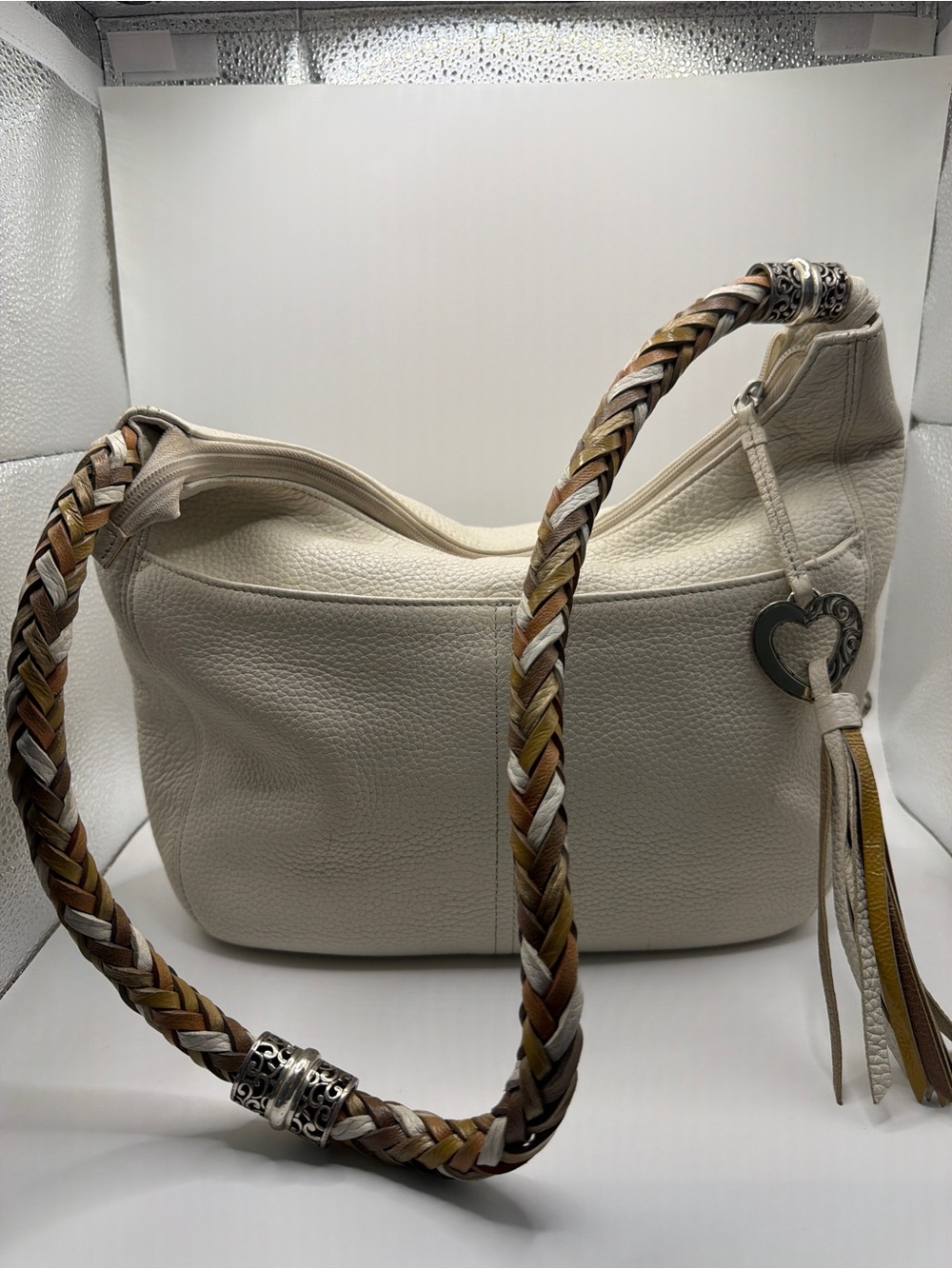 Brighton Ivory Leather Hobo with Braided Tan & Brown Strap